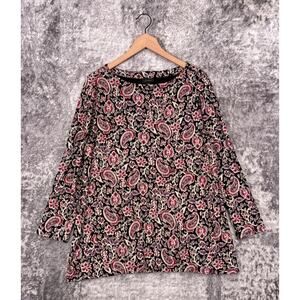 J Jill Top Large Petite Womens Wearever Collection Black Paisley Floral Tunic